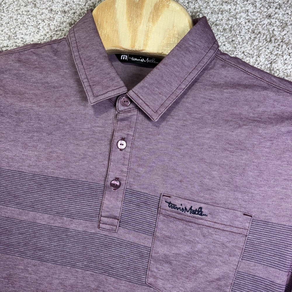 TravisMathew Polo Shirt Mens Large Purple Stripe Pocket Logo Golf Pima Cotton